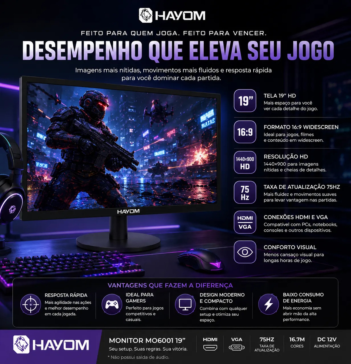 Monitor Hayom 19 Pol Hdmi Vga 75hz Pc Notebook Ps4 Ps5 Xbox — foto 3