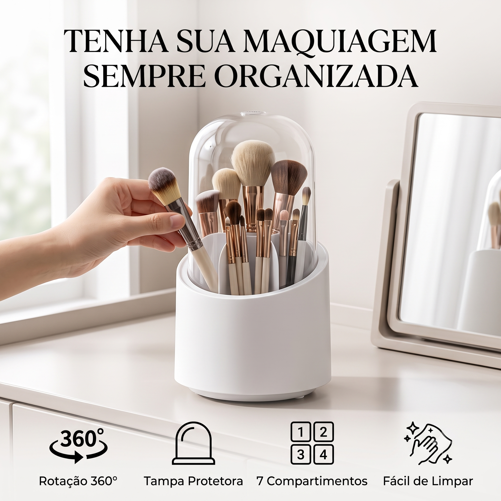 Organizador Pincéis Maquiagem Giratório 360° C/ Tampa Branco — foto 5