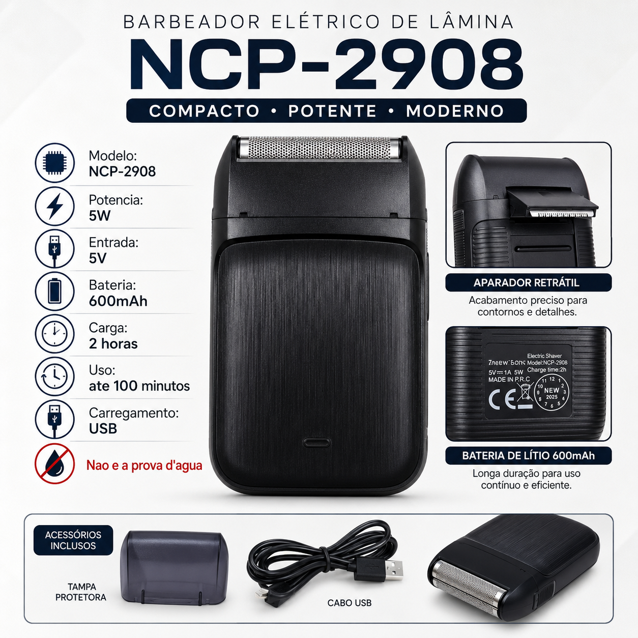 Barbeador Recarregável Sem Fio Elétrico Profissional Ncp2908 — foto 2