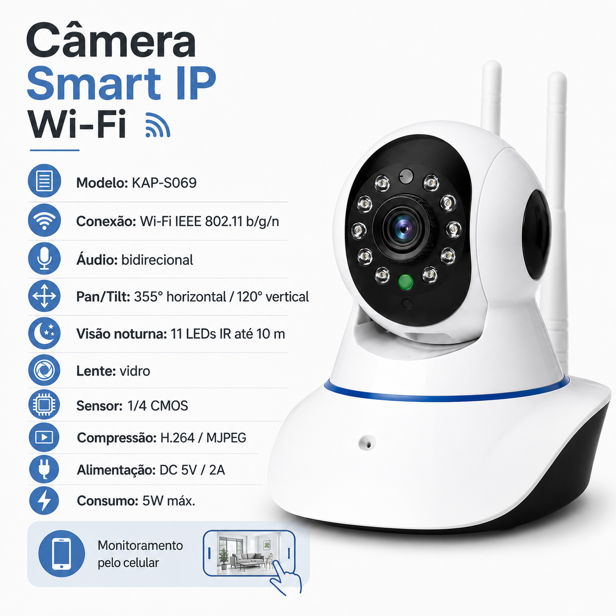 Câmera de Segurança Kapbom KA-S069 Wi-Fi Visão Noturna 3 Antenas — foto 2
