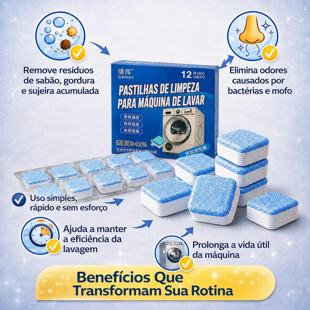 Pastilhas Efervescentes para Limpeza de Máquina de Lavar Roupas e Lava Louça (12 Unidades) — foto 4
