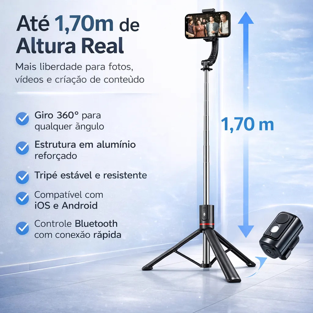 Bastão Pau Selfie Tripé Portátil Bluetooth 1,708m Controle — foto 2