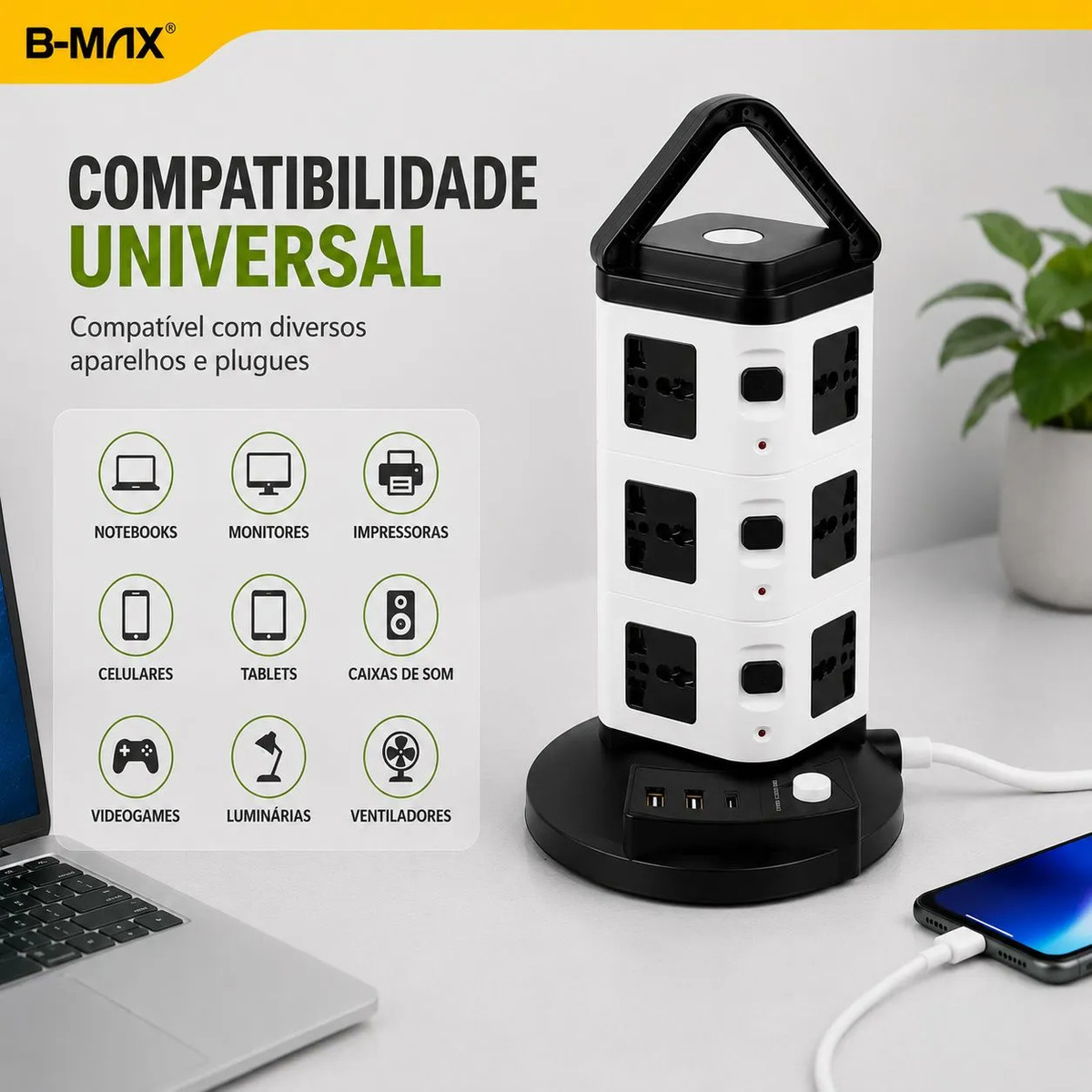 Torre 12 Tomada Regua Extensão Filtro Linha Usb-a Usb-c D 3m — foto 2