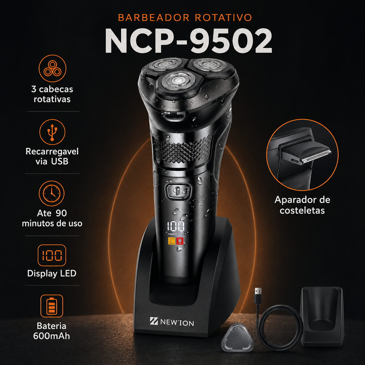 Barbeador Eletrico Usb Recarregavel Shave Lavável Newion9502 — foto 5