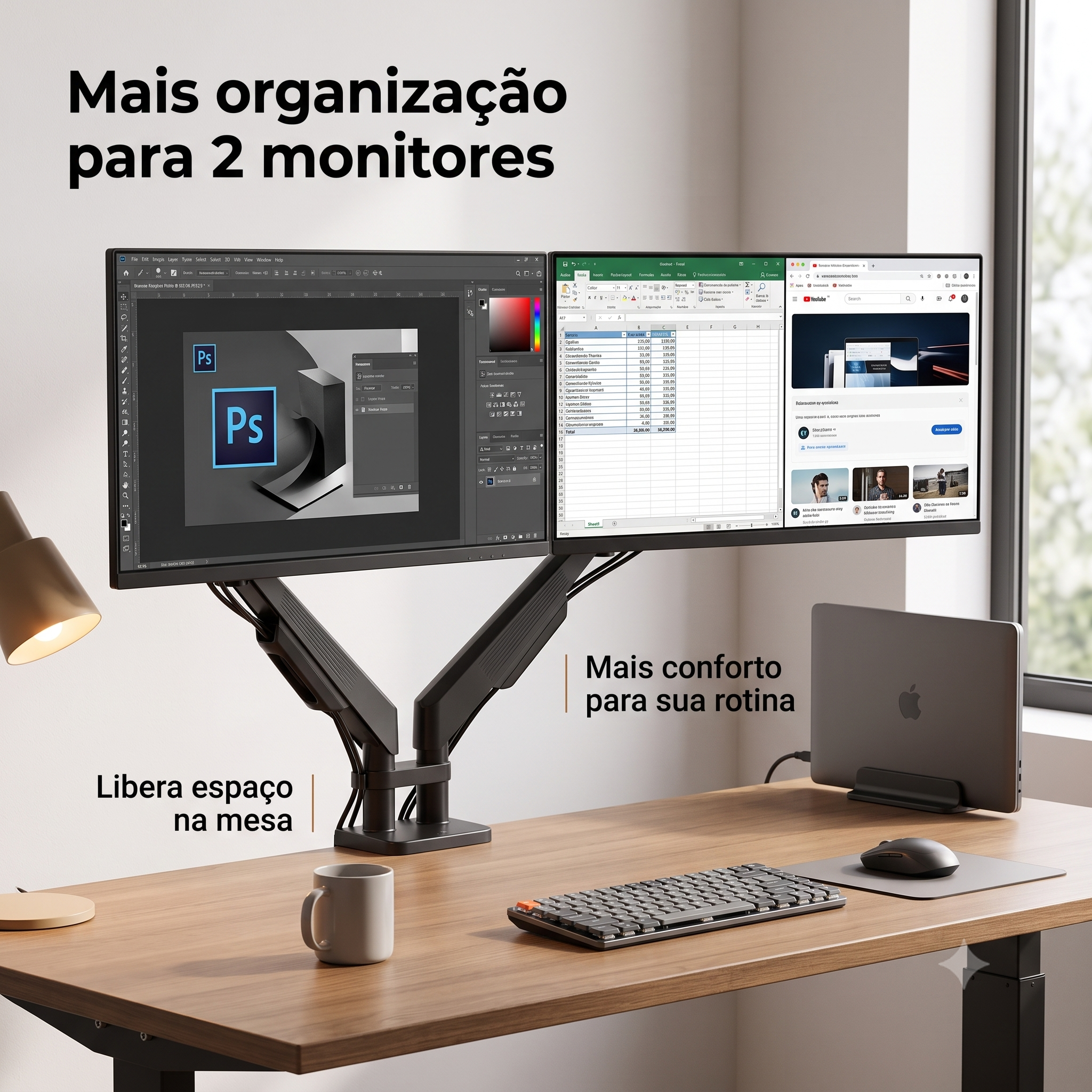 Suporte De Mesa Pistão A Gás Duplo 2 Monitores 13 A 32 Vesa — foto 3