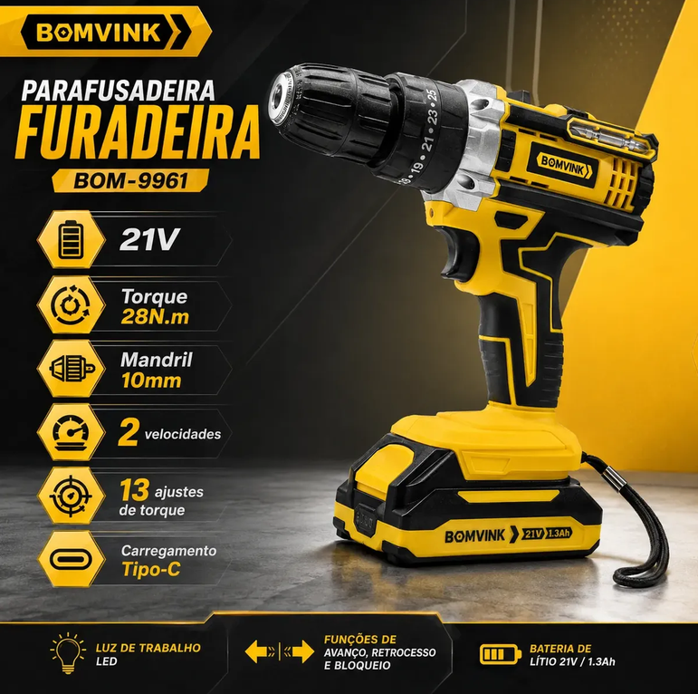 Parafusadeira Furadeira 21v Compacta S. Fio Led Mandril 10mm — foto 1