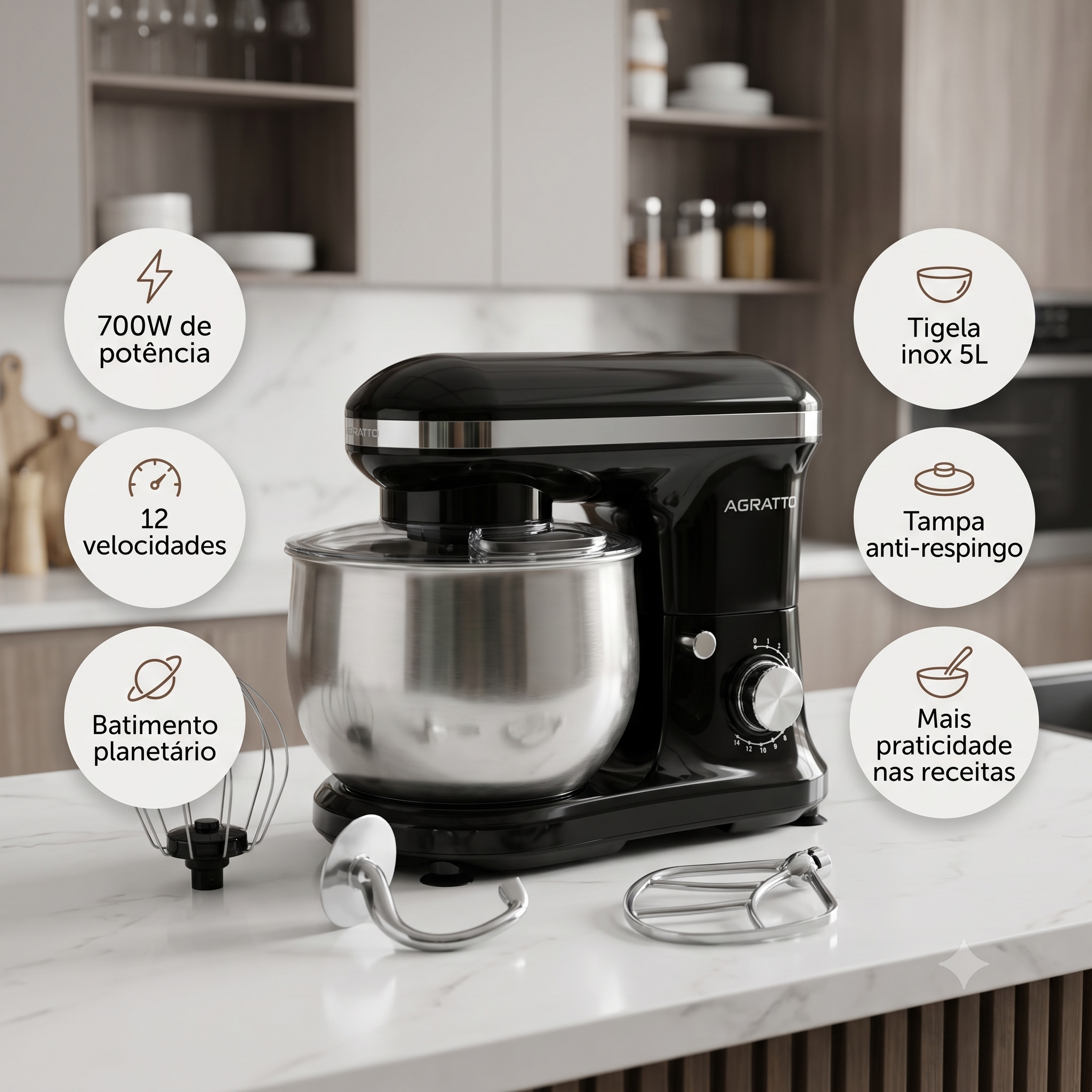 Batedeira Planetaria Agratto 700w 5l Inox 12 Veloc. 127v — foto 4