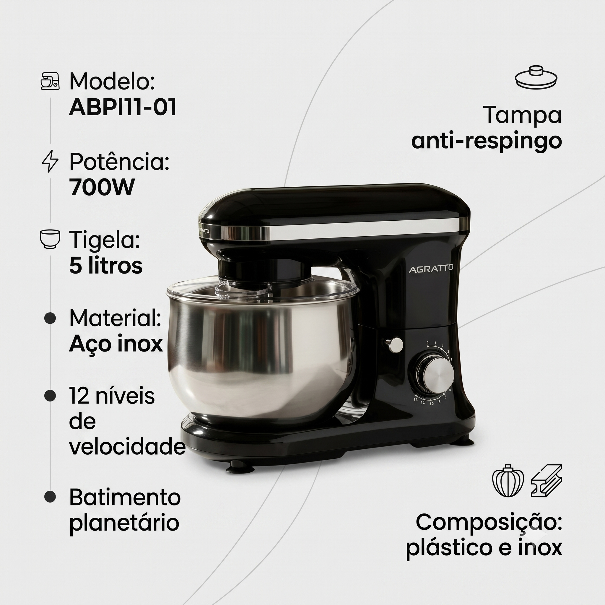 Batedeira Planetaria Agratto 700w 5l Inox 12 Veloc. 127v — foto 1