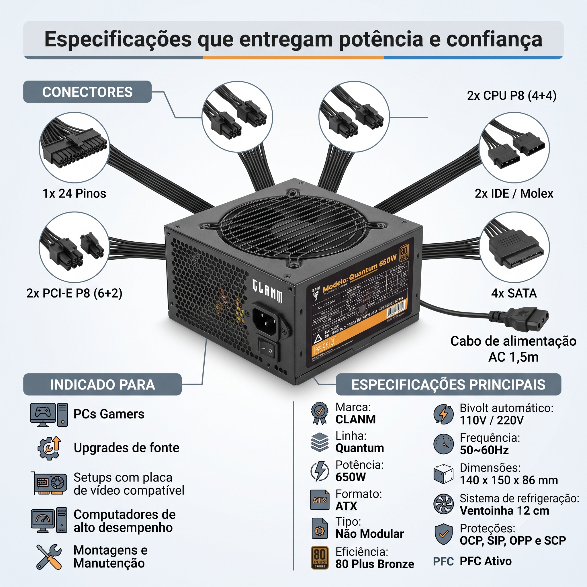 Fonte Gamer Clanm Quantum 650w 80 Plus Bronze Pfc Ativo Bivolt Cabo — foto 2