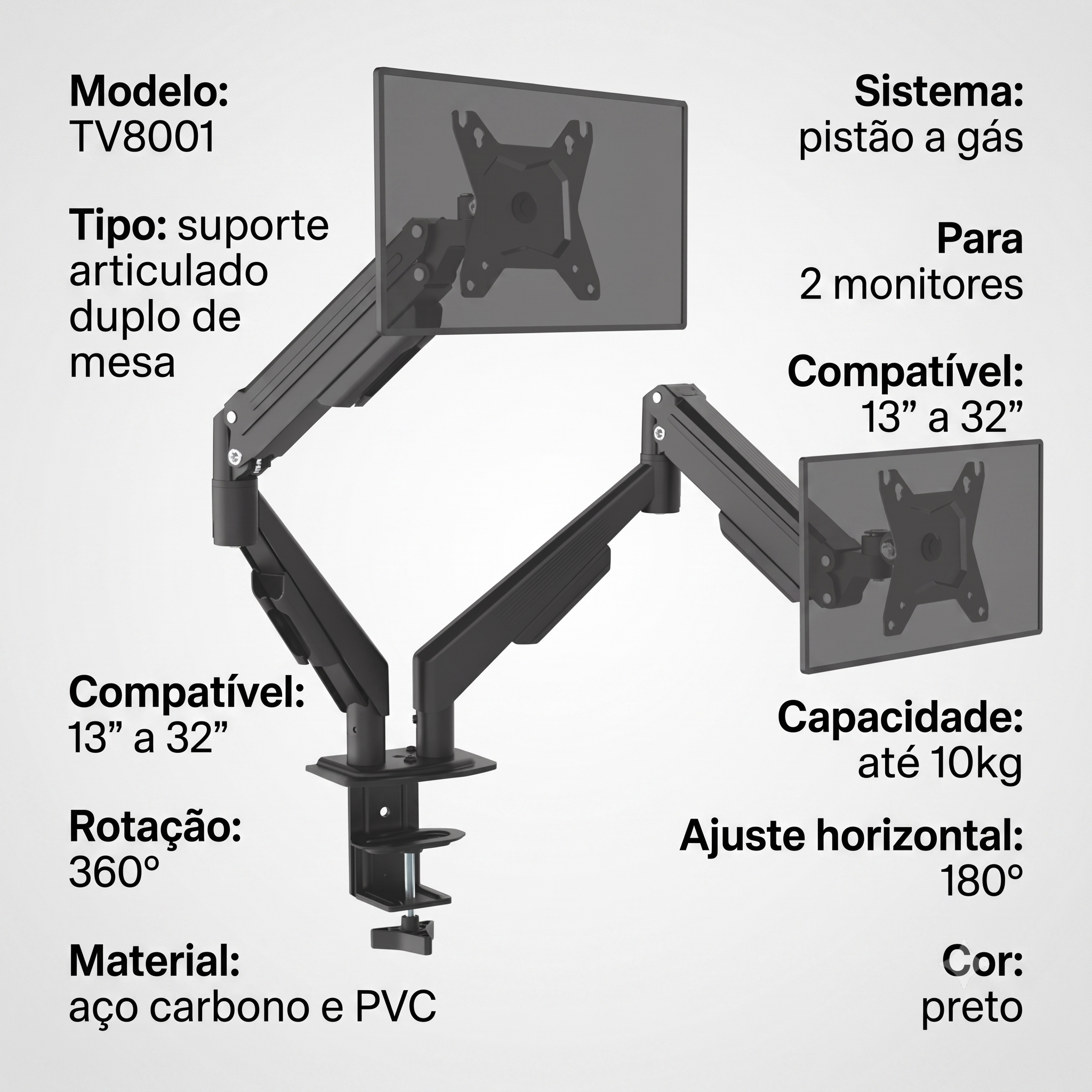 Suporte De Mesa Pistão A Gás Duplo 2 Monitores 13 A 32 Vesa — foto 1