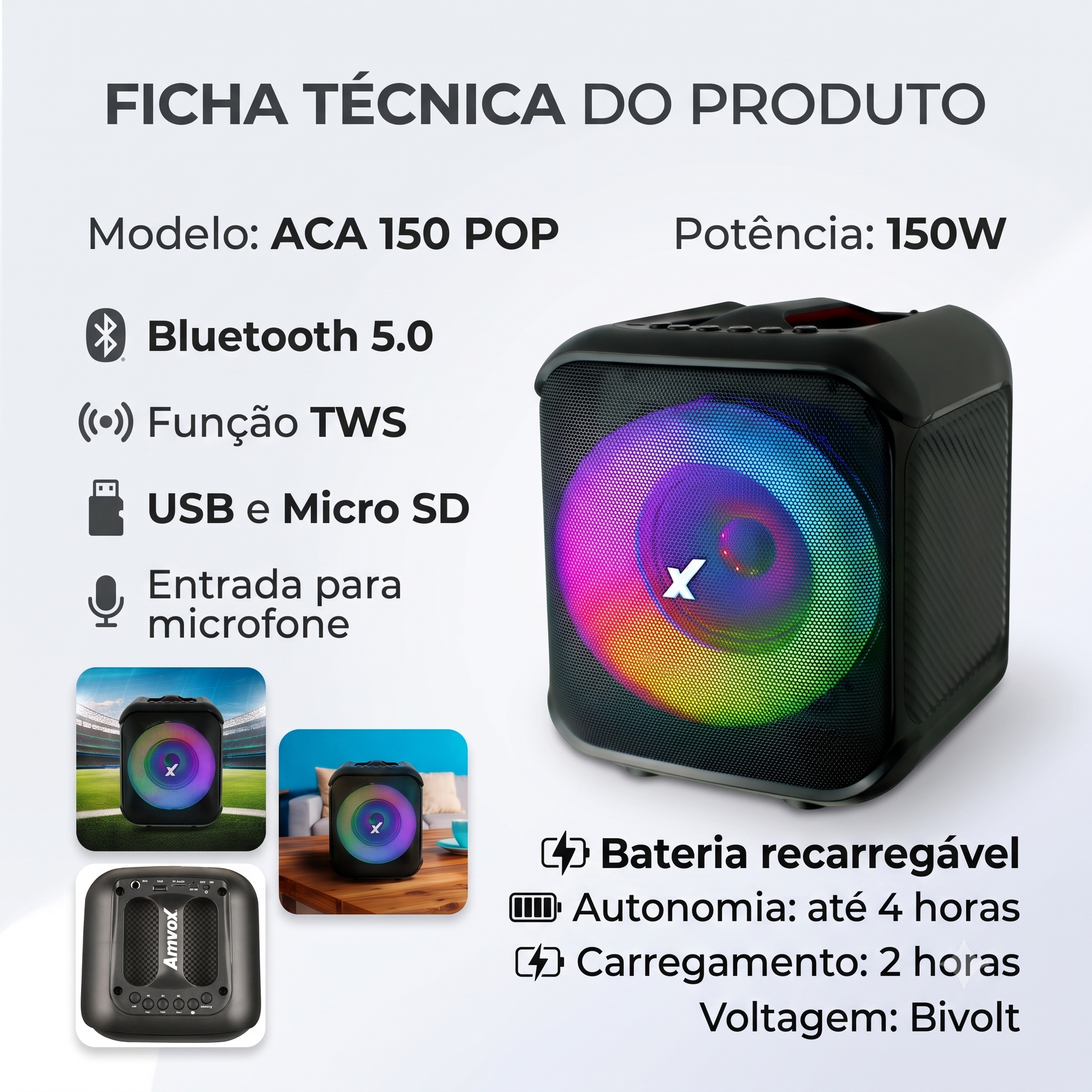Caixa De Som Bluetooth 150w Amvox Aca 150 Pop Fm Tws Bivolt — foto 3