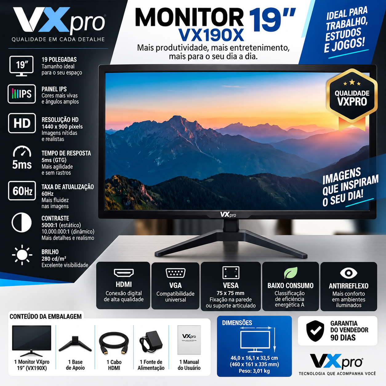 Monitor 19 Pol Led Hd Vxpro Vx190x 60hz 5ms Ips Hdmi Vesa — foto 1