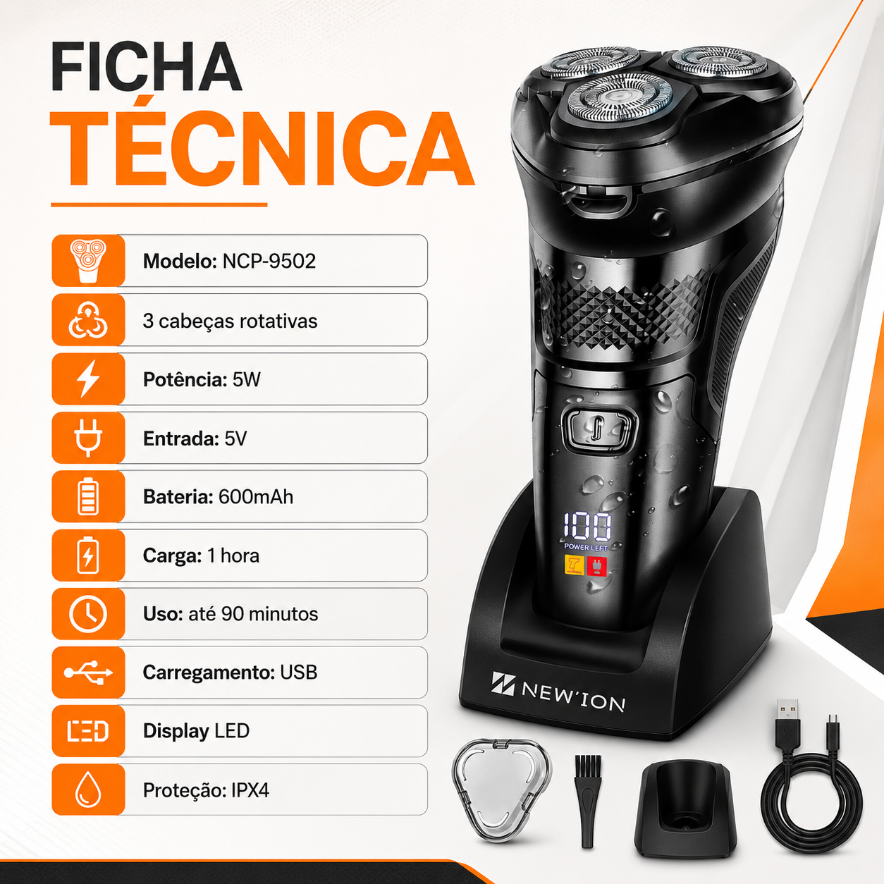 Barbeador Eletrico Usb Recarregavel Shave Lavável Newion9502 — foto 3