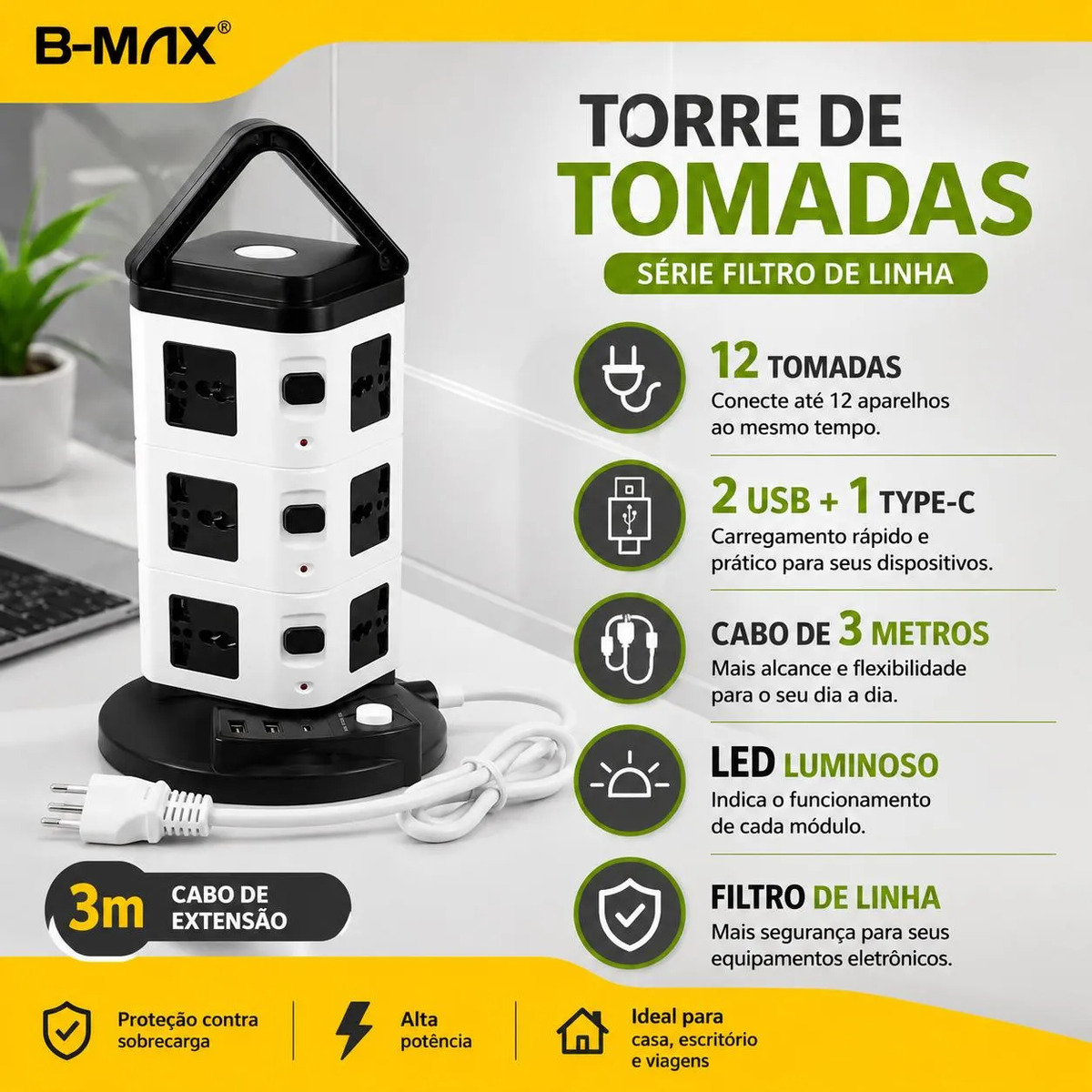 Torre 12 Tomada Regua Extensão Filtro Linha Usb-a Usb-c D 3m — foto 5
