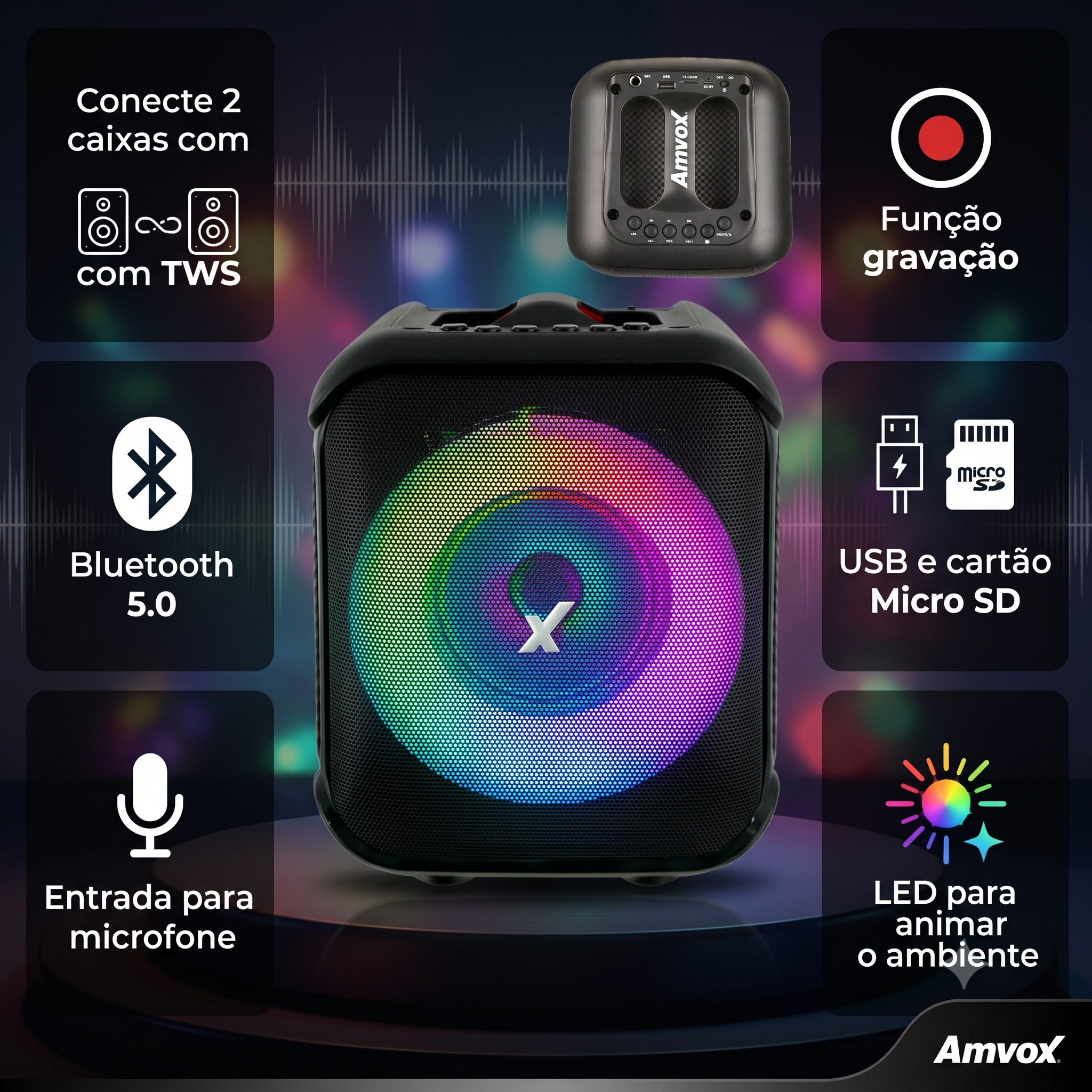 Caixa De Som Bluetooth 150w Amvox Aca 150 Pop Fm Tws Bivolt — foto 2