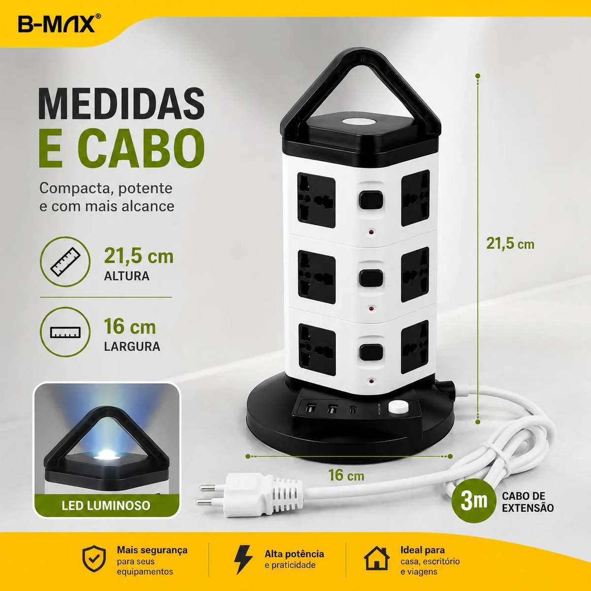 Torre 12 Tomada Regua Extensão Filtro Linha Usb-a Usb-c D 3m — foto 3