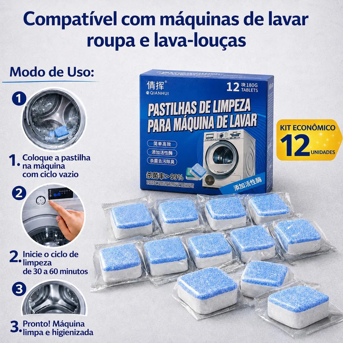 Pastilhas Efervescentes para Limpeza de Máquina de Lavar Roupas e Lava Louça (12 Unidades) — foto 5